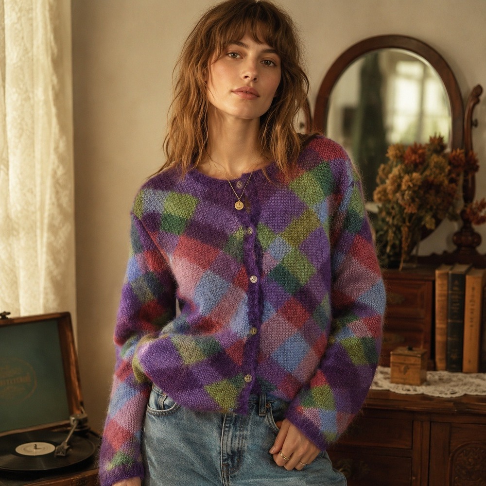 Talbots Cardigan Sweater Womens L Multicolor Mohair Argyle Knit Button Crew Neck